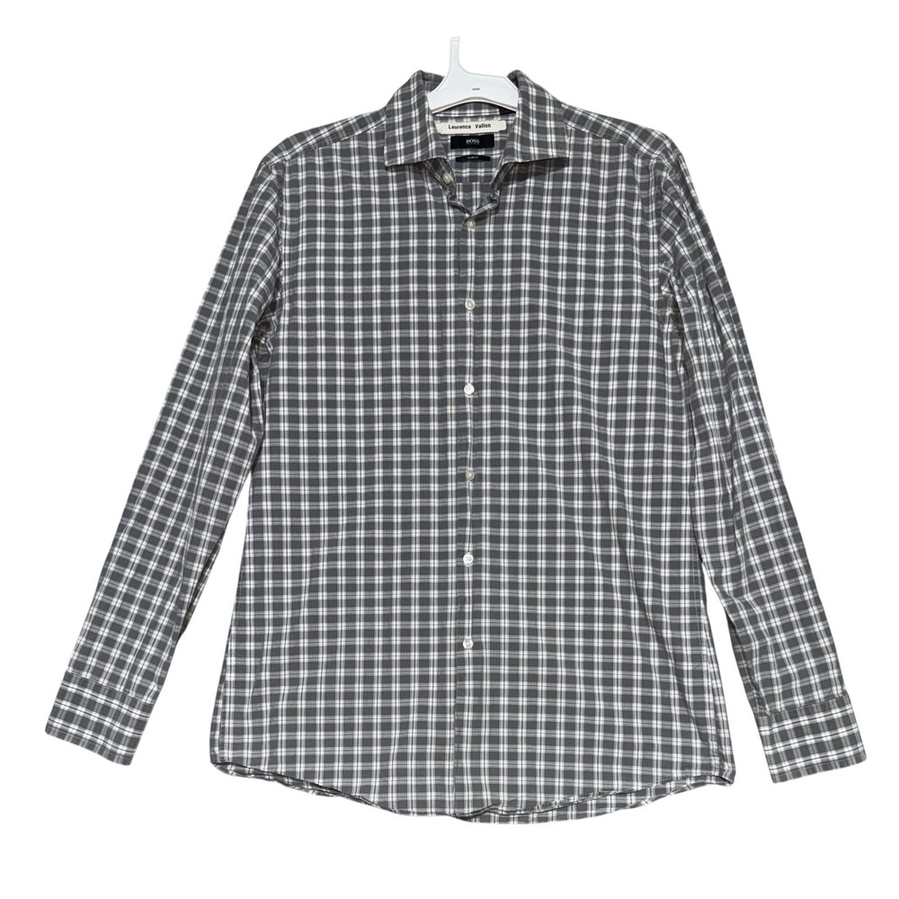 Hugo Boss Slim Fit Check Plaid long sleeve Button shirt Mens 16 34/35 Gray/White